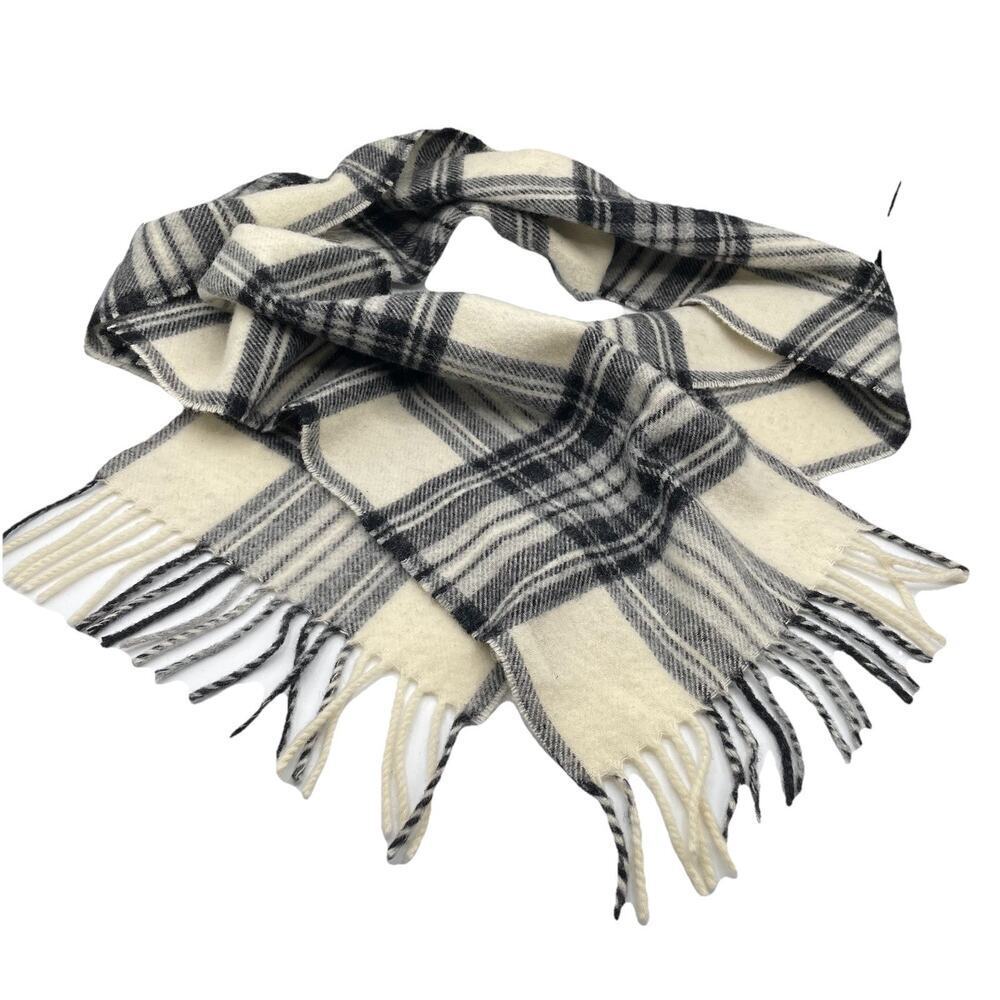 Moon 100% Merino Lambswool Scarf 9x72 Black Ivory Tartan Plaid Classic England